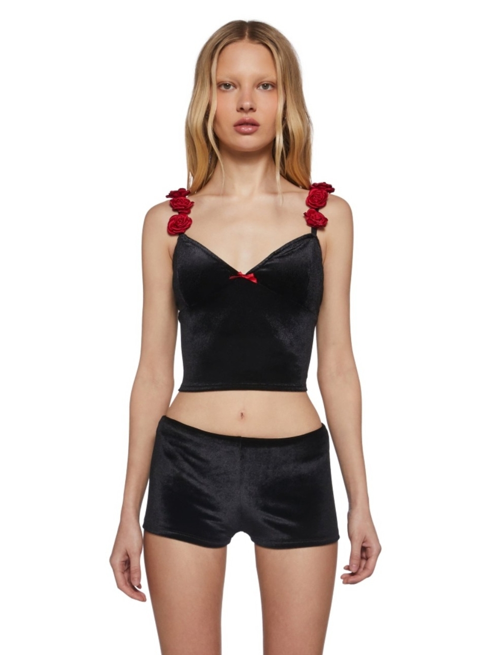 Women’s Black Velvet Crop Camisole with Red Rose Straps